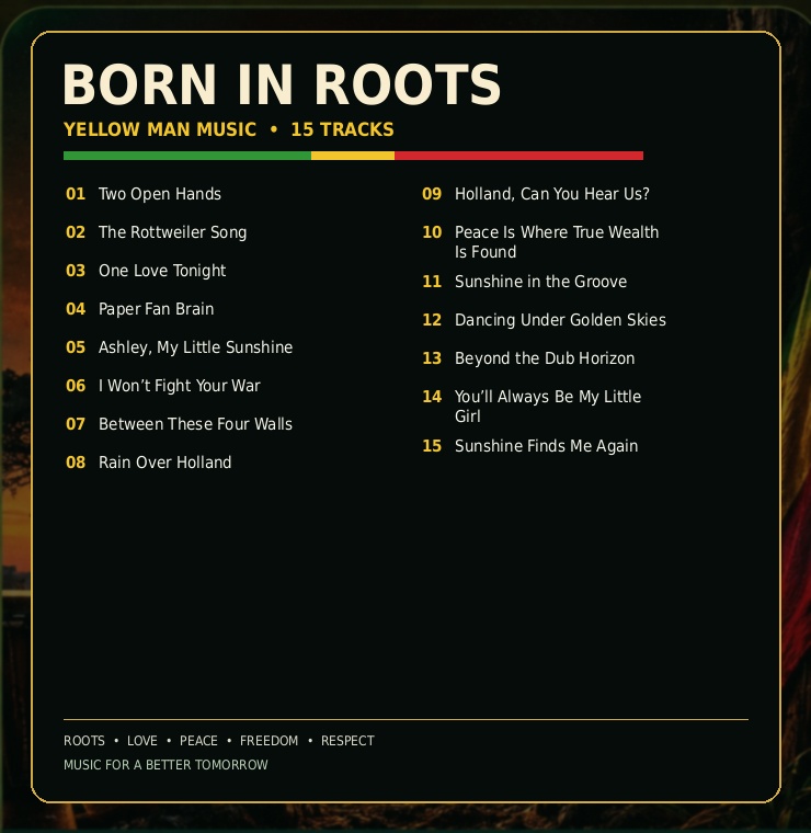 Born in Roots back cover with 15-track listing
